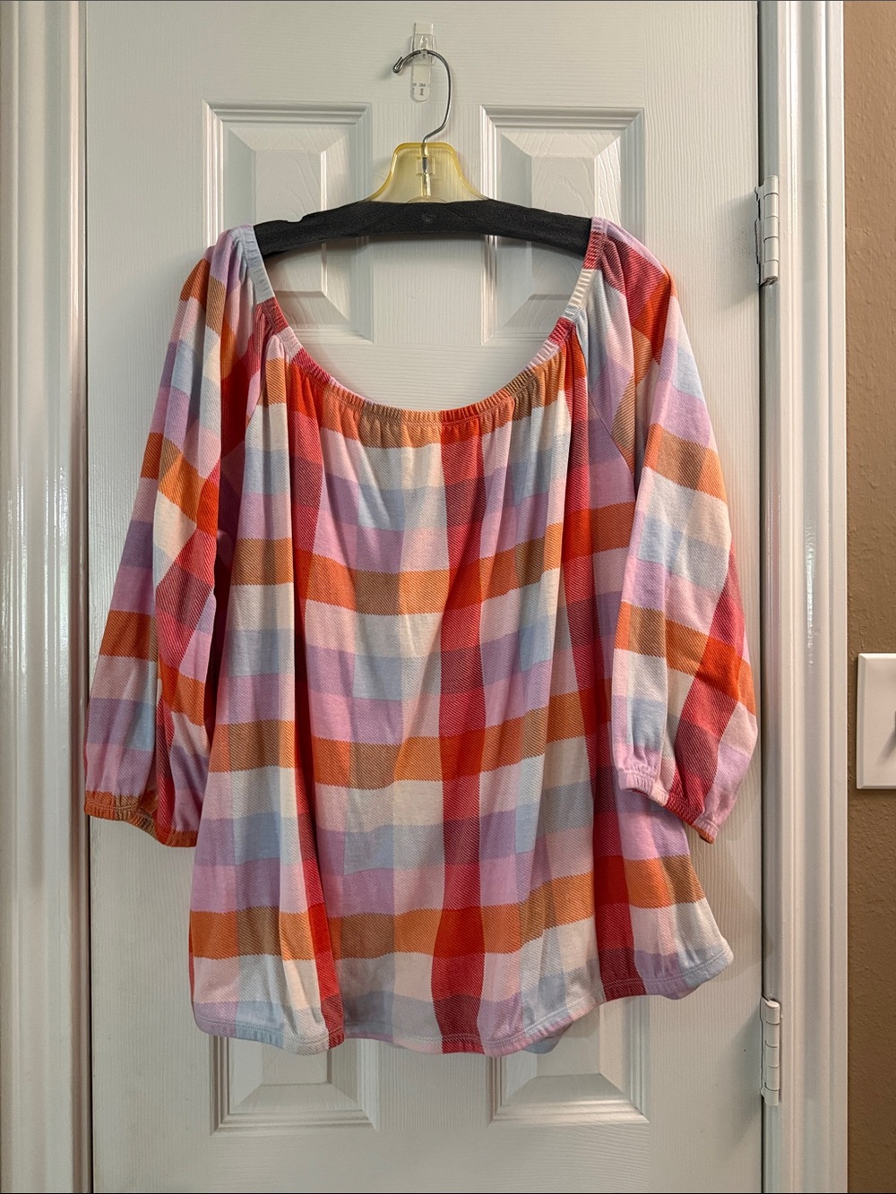 Cato Multi-Color Plaid Off-Shoulder Peasant Top